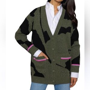 Lisa Todd Olive Green and Black Camp Cardigan with Pink Trim